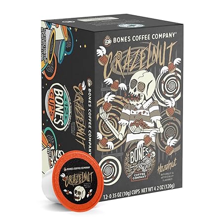 Bones Coffee Company Crazelnut, Hazelnut Flavored Coffee Pods, Low Acid Medium Roast Single-Serve Bones Cups, Compatible with 1.0 & 2.0 K-Cups Brewers Coffee Maker, 12 Count
