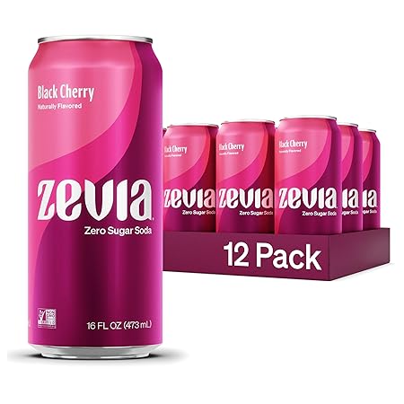 Zevia Zero Sugar Soda, Black Cherry, 16 oz Cans (12-Pack) – Naturally Sweetened, Non-GMO Project Verified, Gluten-Free, Vegan