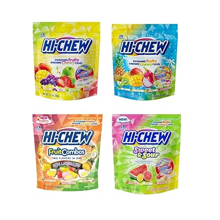 HI-CHEW Variety Mix Bulk, 220+ Pieces, 4 Stand Up Pouches - Tropical Fruit Combos Sweet and Sour, Chewy Fun Soft Candy - Immensely Juicy Fruity Flavors - Individually Wrapped for Halloween Sharing