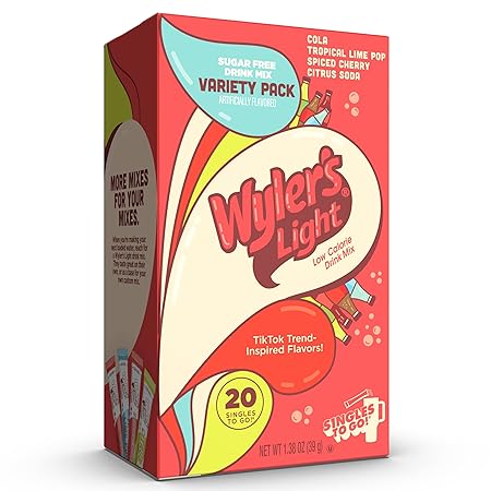 Wyler’s Light Singles To Go Water Drink Mix, Soda-Inspired Flavor Pack, 20 Sticks (Cola, Tropical Lime Pop, Spiced Cherry, Citrus Soda), Sugar Free, Low Calorie