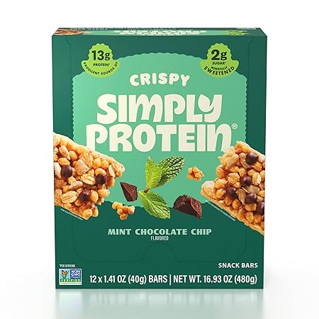 Simply Protein - Mint Chocolate Chip Crispy Bars - Plant Based Protein Bars - Low Carb, Low Sugar, High Fiber - 13g Protein, 2g Sugar, 7g Fiber - Vegan, Gluten Free, Non GMO, Kosher - 12 Bars