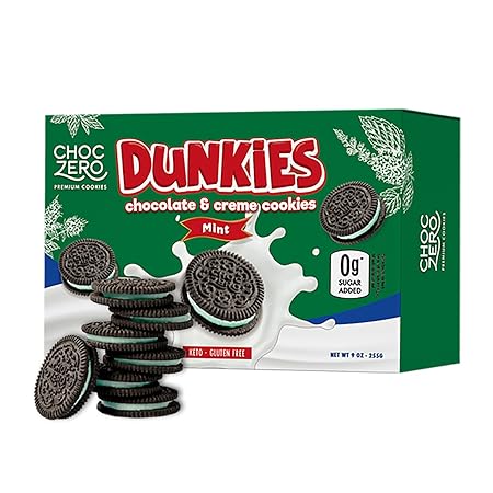 ChocZero Mint Dunkies – Mint Creme Chocolate Sandwich Cookies, Sugar Free, Keto Friendly, Low Net Carb, High Fiber, Gluten Free – 9oz Box