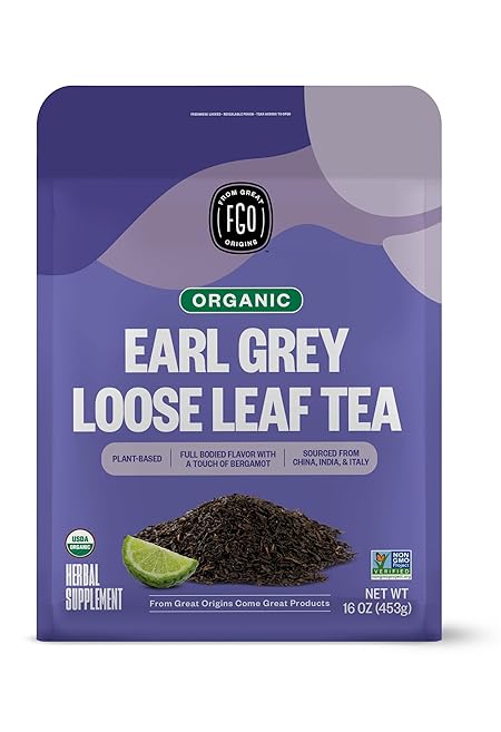 FGO Organic Earl Grey Black Tea, 16 Ounce Loose Leaf Bulk Resealable Bag, 16oz, Packaging May Vary (Pack of 1)