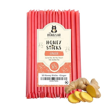 The Honey Jar Ginger Flavored Honey Sticks - Pure Honey Straws For Tea, Coffee, or a Healthy Treat - One Teaspoon of Flavored Honey Per Stick - Made In The USA with Real Honey - (50 Count)
