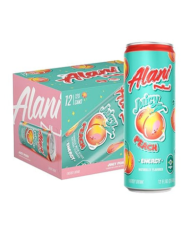 Alani Nu JUICY PEACH, Sugar Free, Low Calorie Energy Drinks, 200mg Caffeine, Biotin, B Vitamins, Zero Sugar, 10 Calories, 12 Fl Oz Cans, 12 Pack