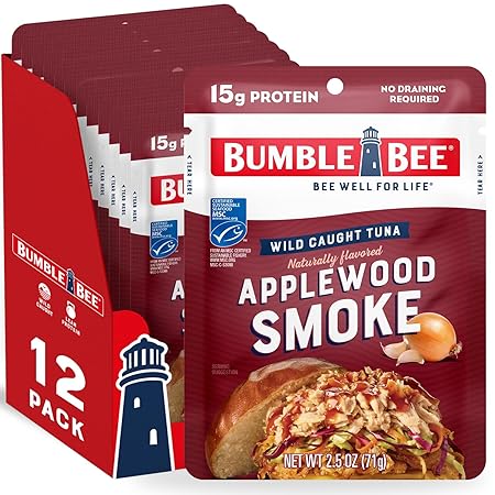 Bumble Bee Applewood Smoke Seasoned Tuna, 2.5 oz Pouches (Pack of 12) - Ready to Eat - Wild Caught Tuna Packet - 15g Protein per Serving - Gluten Free
