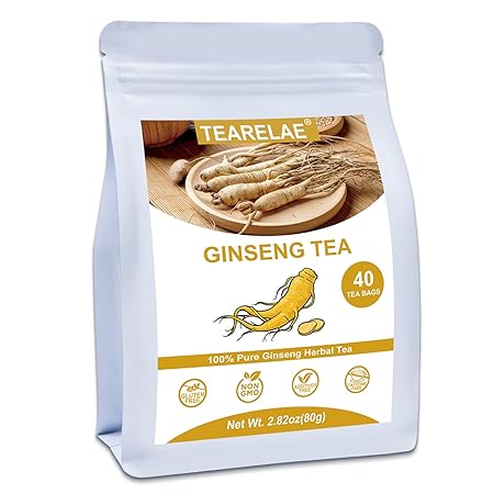 TEARELAE - Ginseng Tea, 40 Count - Pure Ginseng Root Tea Bags - Smooth Flavor - Boost Energy and Focus - Non-GMO - Caffeine-Free