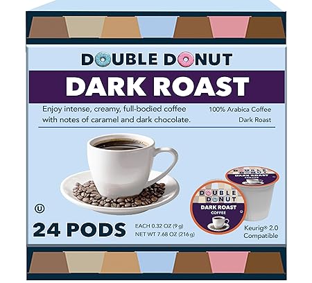 Double Donut Dark Roast Coffee Pods, Extra Bold Blend Coffee, Single Serve Coffee For Keurig K Cups Machines, Dark Roast Coffee in Recyclable Pods, 24 Count