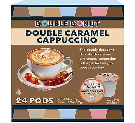 Double Donut Cappuccino Pods, Caramel Cappuccino, Single Serve for Keurig K Cups Brewers, 24 Count