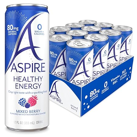 ASPIRE® Mixed Berry, Healthy Energy Drink 80mg Natural Caffeine, Zero Sugar No Carbs Keto Friendly, 24 Pack Green Tea Sugar Free Drink Low Caffeine Zero Calorie