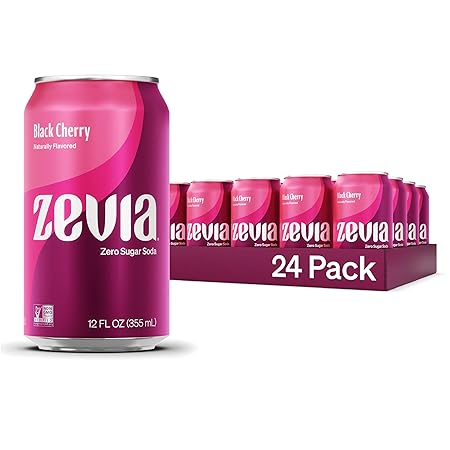 Zevia Zero Sugar Soda, Black Cherry, 12 oz Cans (24-Pack) – Naturally Sweetened, Non-GMO Project Verified, Gluten-Free, Vegan
