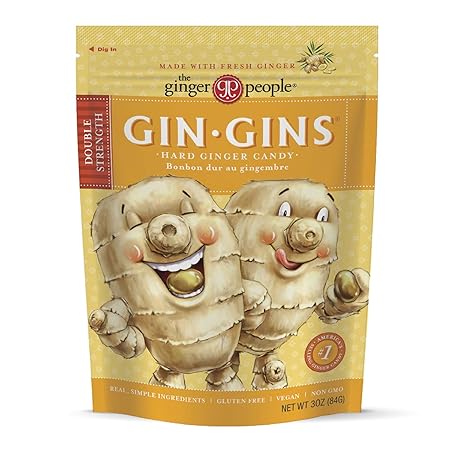 GIN GINS Double Strength Ginger Hard Candy – 100% Natural Candy by The Ginger People – Individually Wrapped Healthy Treats - Made with the Fresh Rhizome – Double Strength Flavor – 3oz Bag – Pack of 12