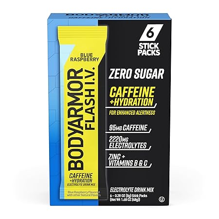 BODYARMOR Caffeinated Flash I.V. Electrolyte Packets Blue Raspberry - Zero Sugar Energy Drink Mix, Single Serve Packs, Hydration for Pre Workout, Travel Essentials, Active Lifestyle (6 Count)