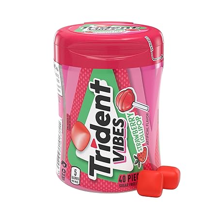 Trident Vibes STRAWBERRY LOLLIPOP Sugar Free Chewing Gum, 40 Piece Bottle