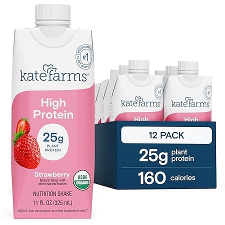 KATE FARMS Organic High Protein Strawberry Nutrition Shake, 25g Protein, 6g Fiber, 27 Vitamins and Minerals, 0g Sugar, Protein Drink, 11 oz (12 Pack)