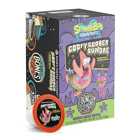 Bones Coffee Company Spongebob Goofy Goober Sundae, Banana Split Flavored Coffee Pods, Low Acid Medium Roast Single-Serve Bones Cups, Compatible with1.0 & 2.0 Capsule Brewers Coffee Maker, 12 Count