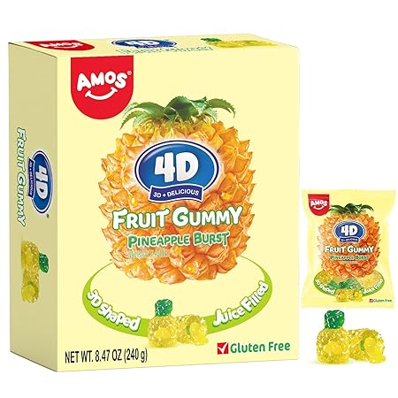 AMOS 4D Gummy Pineapple Burst Candy,Fruit-Shaped Gummies, Natural Flavor, 240g Individual Sharing Pack