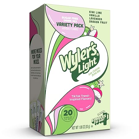 Wyler's Light Singles to Go Powder Packets, Water Drink Mix, Variety Pack, Watertok Base Flavors, Kiwi Lime, Vanilla, Lavender, and Dragon Fruit, Sugar & Caffeine Free, On-The-Go, 20 Count (Pack - 1)