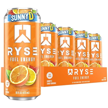RYSE Fuel Energy Drink - SunnyD Tangy Original - Sugar Free, Gluten Free & Vegan - 200mg Natural Caffeine, Taurine & Choline for Focus & Energy - No Artificial Colors - 16 fl oz Cans (12-Pack)