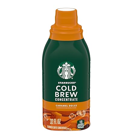 Starbucks Cold Brew Coffee Concentrate, Caramel Dolce, 100% Arabica, Multi-Serve Bottle (32 Fl Oz)