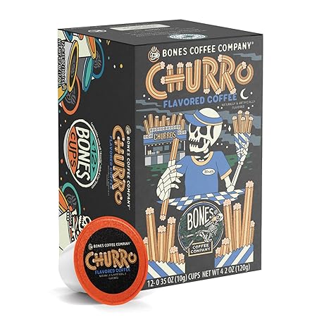 Bones Coffee Company Churro Flavored Coffee Pods, Low Acid Medium Roast Single-Serve Bones Cups, Compatible with 1.0 & 2.0 K-Cups Brewers Coffee Maker, 12 Count