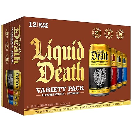 Liquid Death Iced Tea Variety Pack, 12-Pack (12 oz Cans), Low Calorie, Low Caffeine, No Artificial Sweeteners, B12 & B6 Vitamins, 4 Flavors: Dead Billionaire, Rest in Peach, Sweet Reaper, Blueberry Buzzsaw