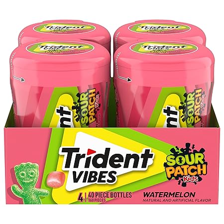 Trident Vibes SOUR PATCH KIDS Watermelon Sugar Free Gum, 4 Bottles of 40 Pieces (160 Total Pieces)
