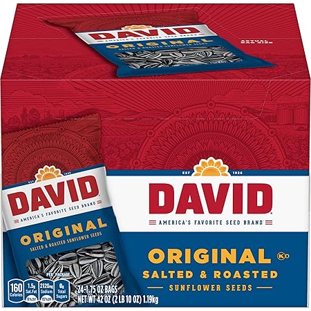 DAVID Roasted and Salted Sunflower Seeds, Original Flavor, 1.75oz. (Pack of 24)