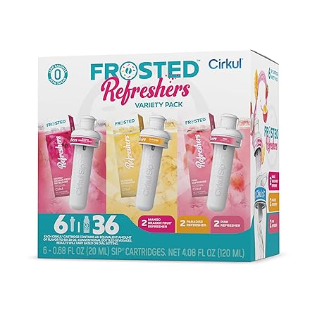 Cirkul Frosted Refreshers Caffeine Flavor Water Variety Pack, Makes 36 Drinks, No Sugar, Zero Calorie Drink Mix, (2 Pink, 2 Mango Dragon Fruit, 2 Paradise)