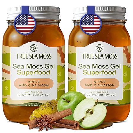 TrueSeaMoss Sea Moss Gel – Made in USA – Wildcrafted Seamoss, Fresh Fruits & Jarred Vegetables – Apple/Cinnamon, Pack of 2 (Labels may Vary)