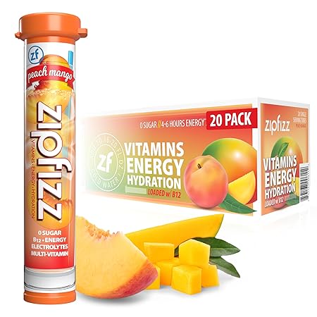 Zipfizz Daily Energy Drink Powder, Peach Mango, 20 Pack | 3-in-1 Sustained Energy, Rapid Hydration, and Essential Vitamins | Sugar-Free | Electrolyte Powder | Contains Vitamin B-12 & Antioxidants