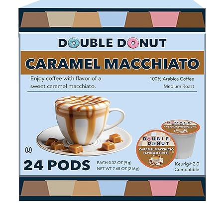Double Donut Flavored Coffee Pods, Caramel Macchiato Coffee for Keurig K Cups Machines, Medium Roast in Recyclable Pods, 24 Count