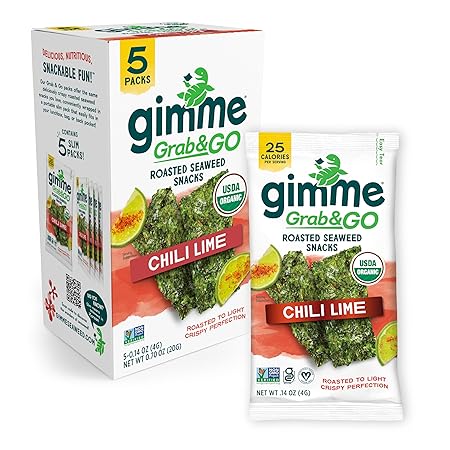 Gimme Seaweed Grab & Go Organic Premium Roasted Seaweed Snacks, Chili Lime, 5 Count Trayless, Keto, Vegan, Gluten-Free, Source of Omega3s, Healthy On-The-Go Snack for Kids & Adults