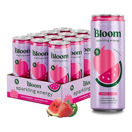 Bloom Nutrition Sparkling Energy Drink - Natural Caffeine, Zero Sugar, 180mg Caffeine - Antioxidant-Rich with Green Coffee Bean, Green Tea Extract, Prebiotics - Strawberry Watermelon - 12oz 12 Pack