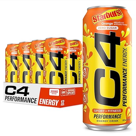 Cellucor C4 Performance Energy Drink | STARBURST Orange | Zero Sugar Carbonated Preworkout Energy | 200mg Caffeine with Beta Alanine | 16 Fl Oz (12 Pack)