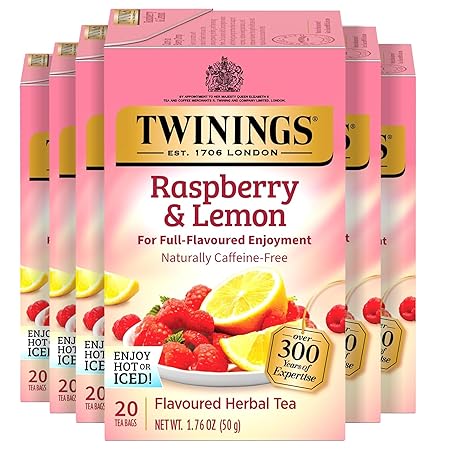 Twinings Raspberry & Lemon Herbal Tea Individually Wrapped Bags, 20 Count (Pack of 6), Fruity & Zesty, Naturally Caffeine-Free, Enjoy Hot or Iced, 120 Teabags