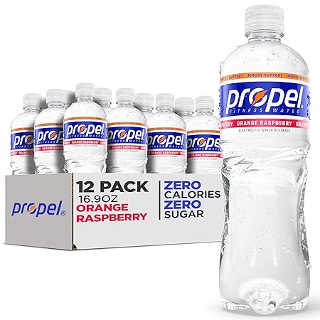 Propel Immune Support Electrolyte Enhanced Water Sports Drink, Orange Raspberry Flavored Water, 100% DV Vitamin C + Zinc, Zero Calorie & Zero Sugar Hydration with Electrolytes and Vitamins, 16.9 fl oz Water Bottles (12 Pack)