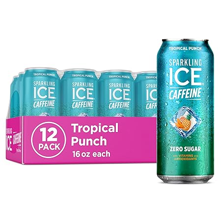 Sparkling Ice Caffeine Tropical Punch Sparkling Water with Caffeine, Zero Sugar, with Antioxidants and Vitamins,16 fl oz Cans (Pack Of 12)