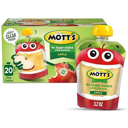 Mott's No Sugar Added Applesauce, Made from Real Fruit, No Artificial Flavors, 3.2 Oz Clear Pouches, 20 Pack
