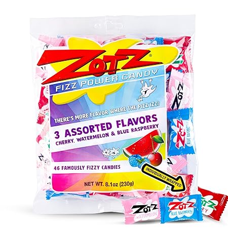 Zotz Fizzy Bulk Candy (Assorted, 46 Units)- Hard Candy Individually Wrapped- Assorted 3 Fruit Flavors, Cherry, Watermelon & Blue Raspberry- From Italy Since 1970