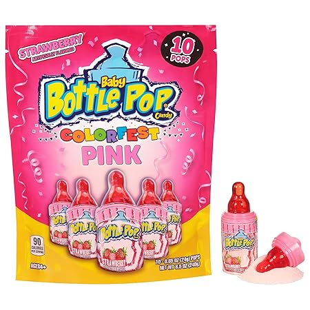 Baby Bottle Pop Candy Pink Lollipops, 10 Ct Bulk Lollipops with Dipping Powder in Pink Strawberry Flavor, Full Size, Individually Wrapped Halloween Candy for Party Favors, Gender Reveal, Baby Showers