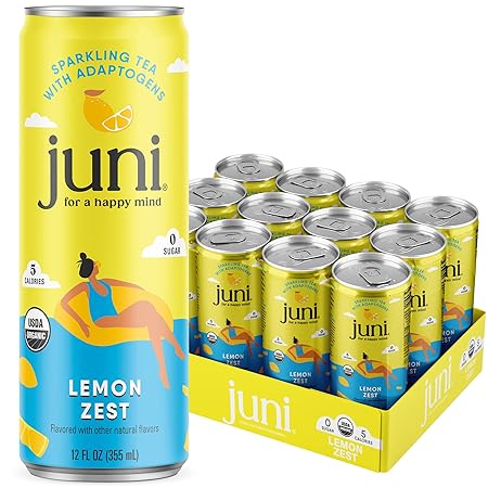 Juni Sparkling Adaptogen Drink with Ashwagandha, Lion’s Mane & Reishi Mushrooms | Green Tea for Focus, Zero Sugar, 5 Calories, Organic | Non Alcoholic Drinks - Lemon 12 pack