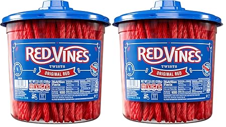 Red Vines Licorice Candy Original Red Flavor Soft Chewy Candy Twists, Red Licorice 3.5 Lb Jar 2 Pack
