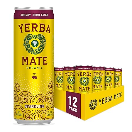 Yerba Madre Organic Sparkling Yerba Mate, Cherry Jubilation, 80mg Natural Plant Based Caffeine, Smooth Energy & Focus, Carbonated, 12 Oz (Pack of 12)
