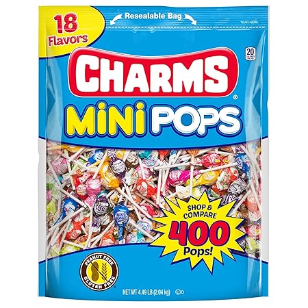Tootsie Roll Charms Mini Pops - 4.5 lb Bag of Individually Wrapped Fruity Hard Candy Lollipops in 18 Fun Flavors - Peanut and Gluten Free, 400 Count, Packaging May Vary