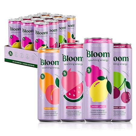 Bloom Nutrition Sparkling Energy Drink - Variety Pack - Natural Caffeine, Zero Sugar, 180mg Caffeine - Antioxidant-Rich with Green Coffee Bean, Green Tea Extract, Prebiotics - 12oz 12 Pack
