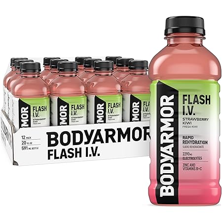 BODYARMOR Flash I.V. Electrolyte Beverage, Strawberry Kiwi, Hydration Drink with Coconut Water For Rapid Rehydration, Post Workout Recovery, 20 Fl Oz (Pack of 12)