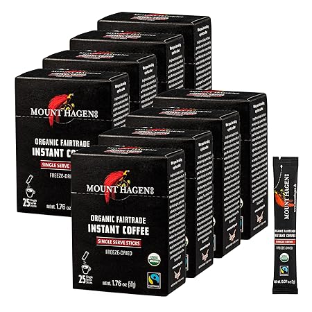 Mount Hagen 25 Count Single Serve Instant Coffee Packets - 8 Pack | Organic Medium Roast Arabica Beans | Eco-friendly, Fair-Trade [8 x 25 sticks/1.76oz/50g]
