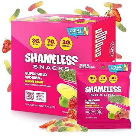 Shameless Snacks - Healthy Low Calorie Snacks, Low Carb Keto Gummies (Gluten Free Candy) - 6 Pack Wild Worms