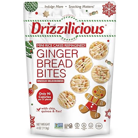 Drizzilicious Mini Rice Cakes - Rice Crisps, Healthy Snack for Adults and Kids, Flavored Rice Cakes, Vegan, Gluten Free, Only 90 Calories Per Serving - Gingerbread, 4 oz (Pack of 6)